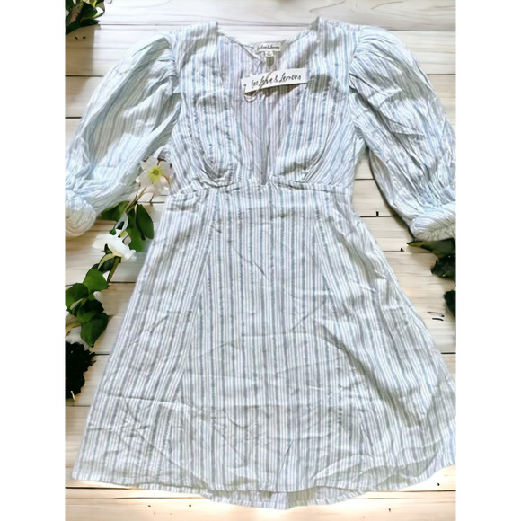 (70% OFF) NWT For Love & Lemons Leslie Blue Striped Puff Sleeve Mini Dress - Picture 1 of 7